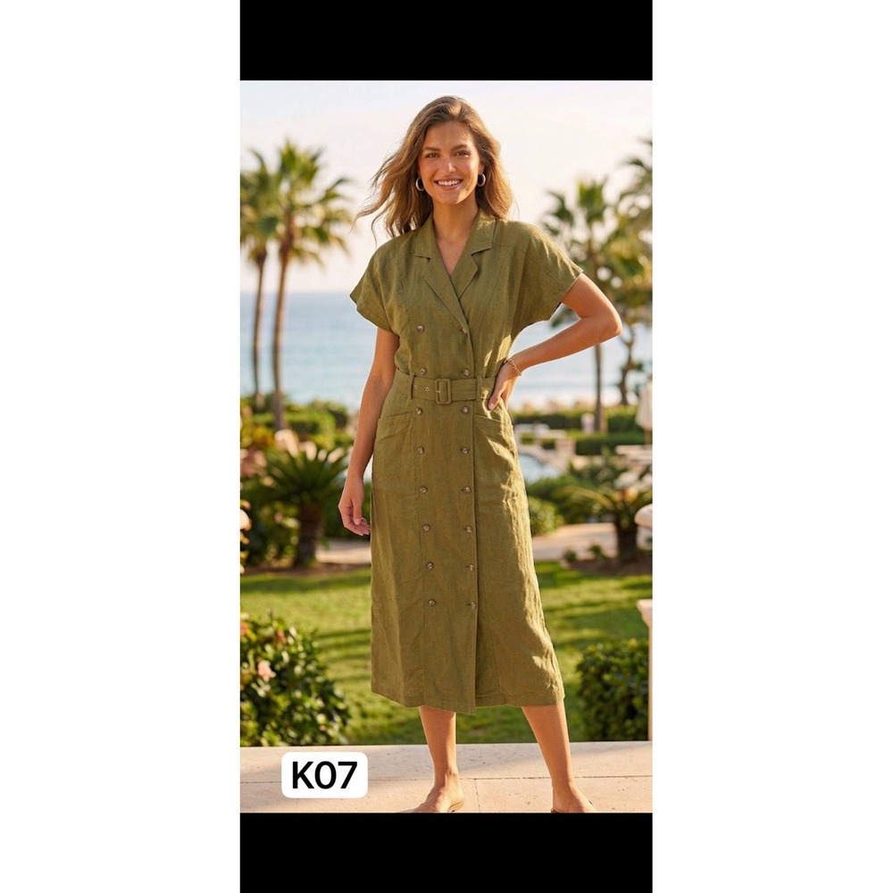 Vintage 80s Nok Nok Olive Green Ramie Cotton Utility Midi Dress Sz M Belted